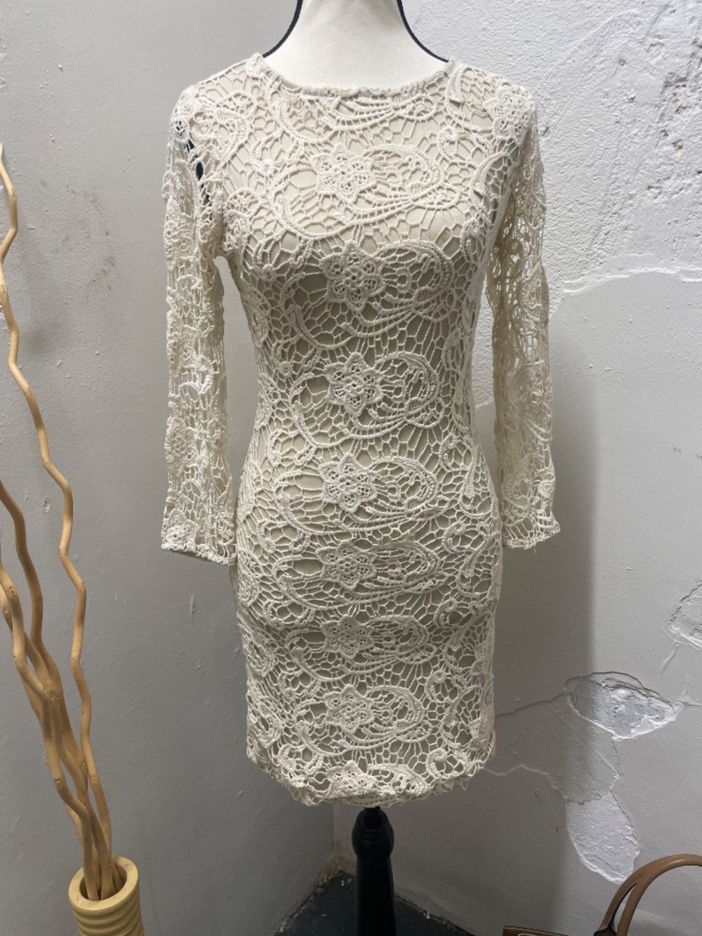 Cream long-sleeve lace bodycon dress with an intricate floral crochet overlay